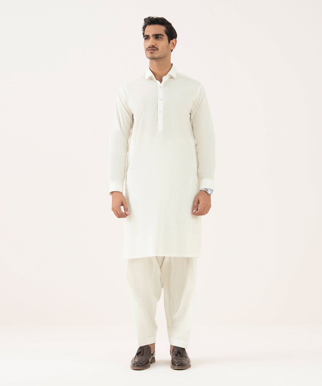Men's 100% Cotton Embroidered Light Cream Kurta Shalwar