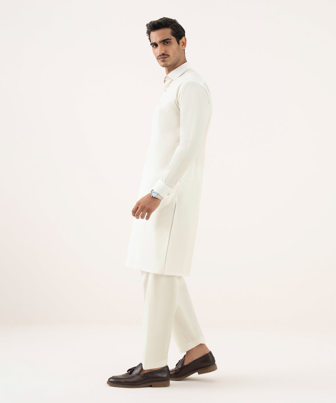 Men's 100% Cotton Embroidered Light Cream Kurta Shalwar