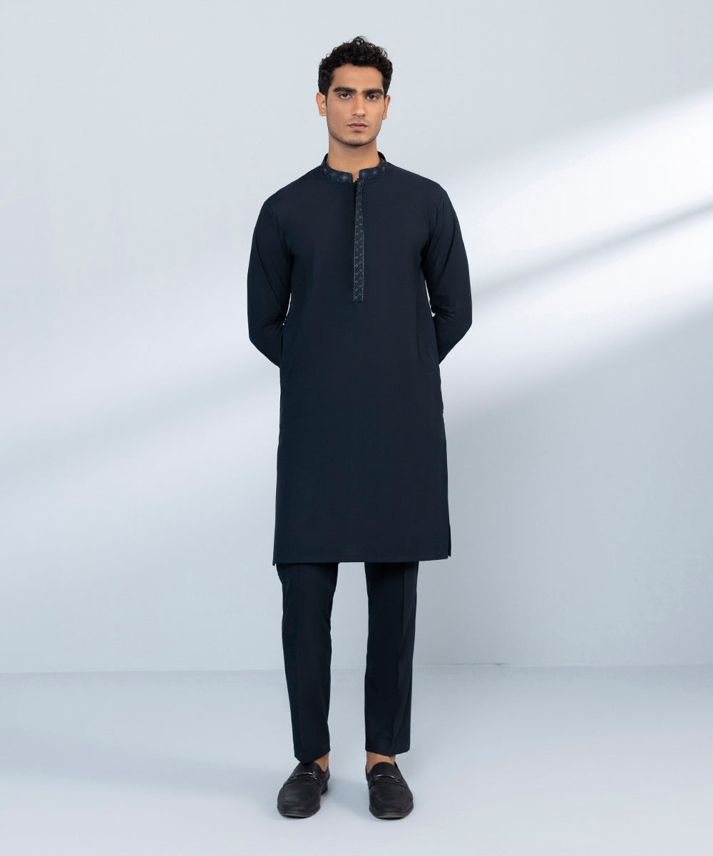 Men's Stitched Wash & Wear Blue Straight Hem Kurta & Trousers