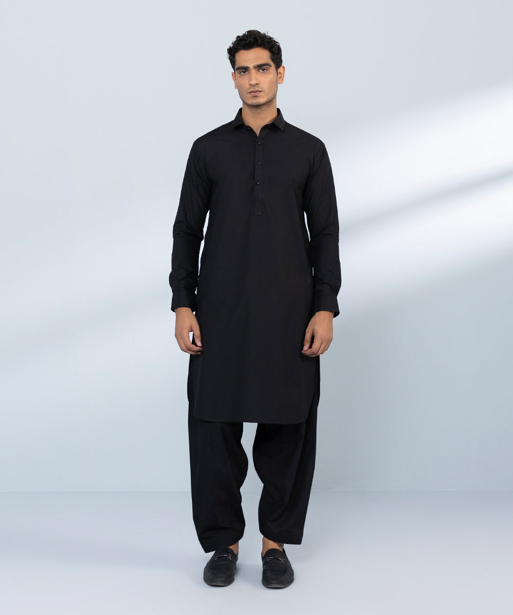 Men's Stitched Wash & Wear Black Round Hem Kurta Shalwar