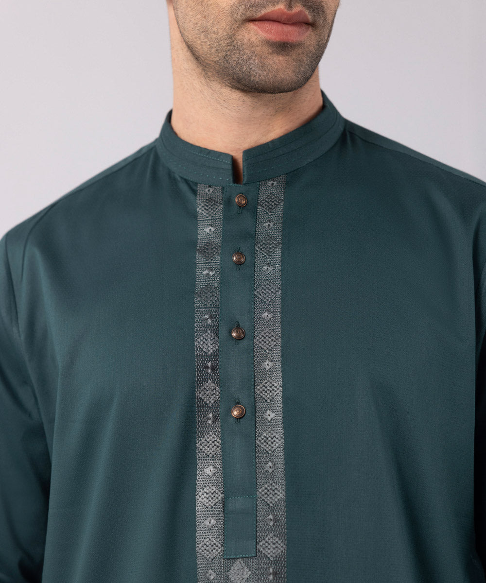 Men's Stitched Cotton Dobby Embroidered Dark Green Straight Hem Kurta Shalwar