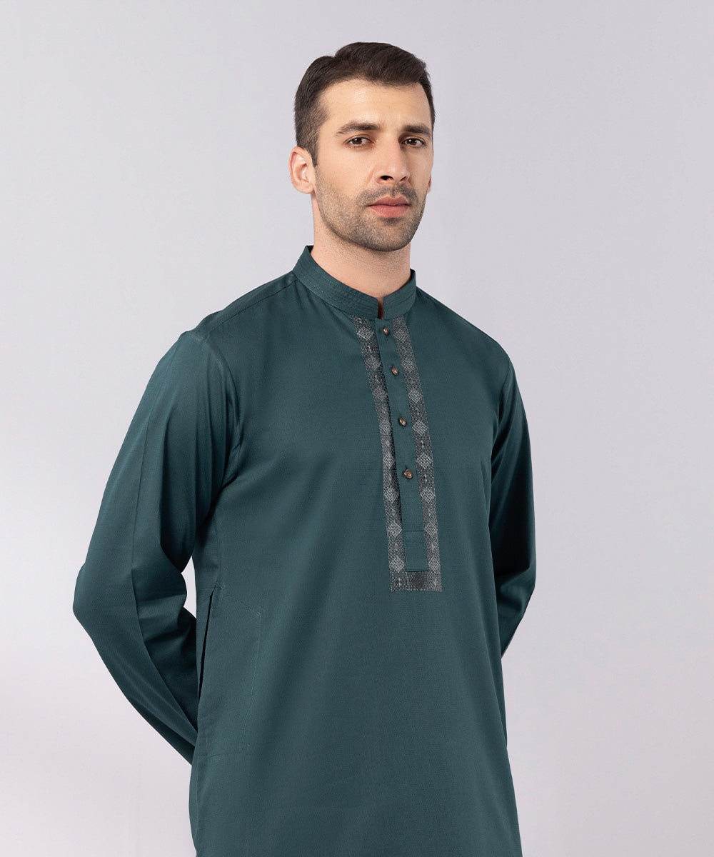 Men's Stitched Cotton Dobby Embroidered Dark Green Straight Hem Kurta Shalwar