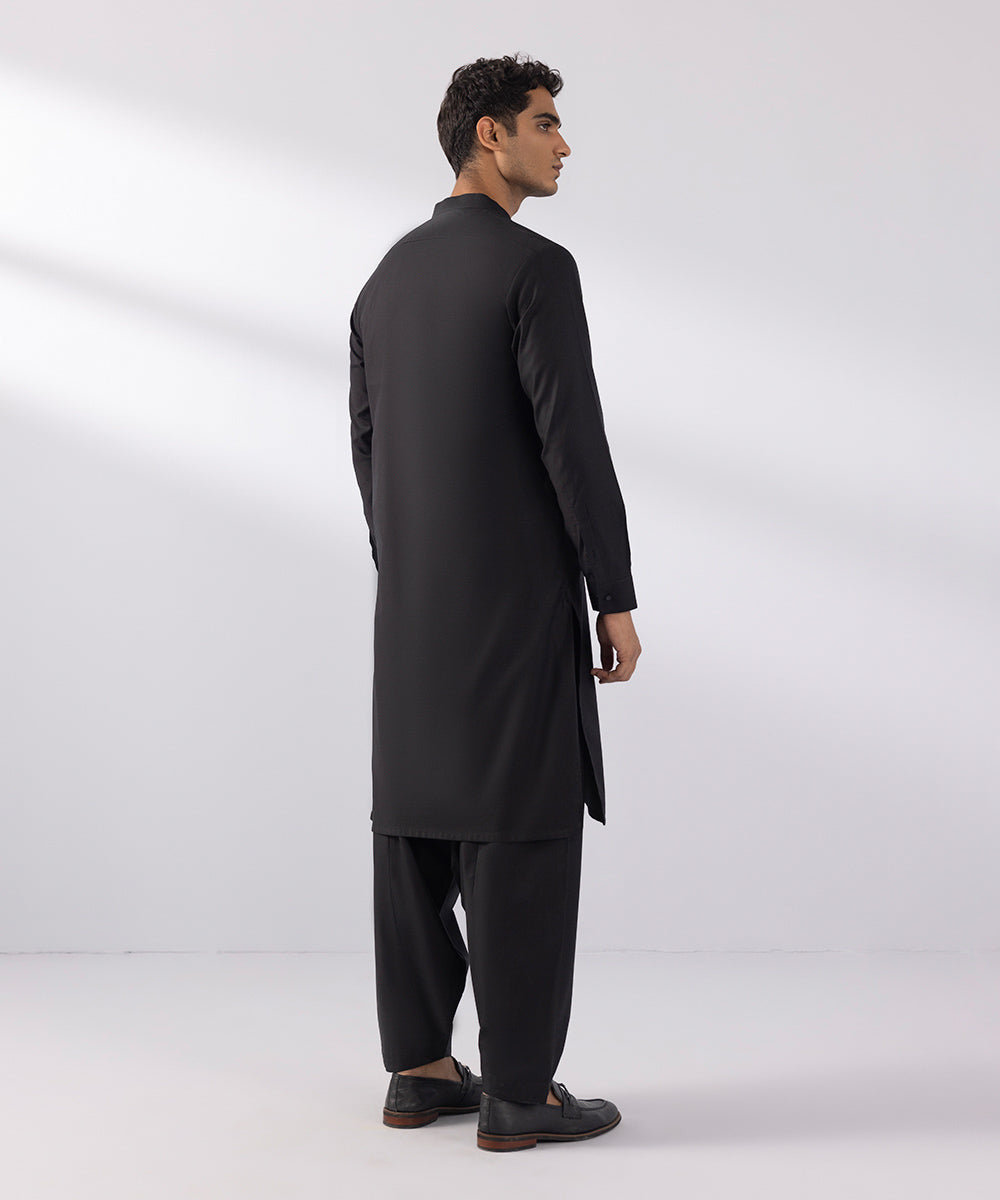 Men's Stitched Cotton Dobby Embroidered Black Straight Hem Kurta Shalwar