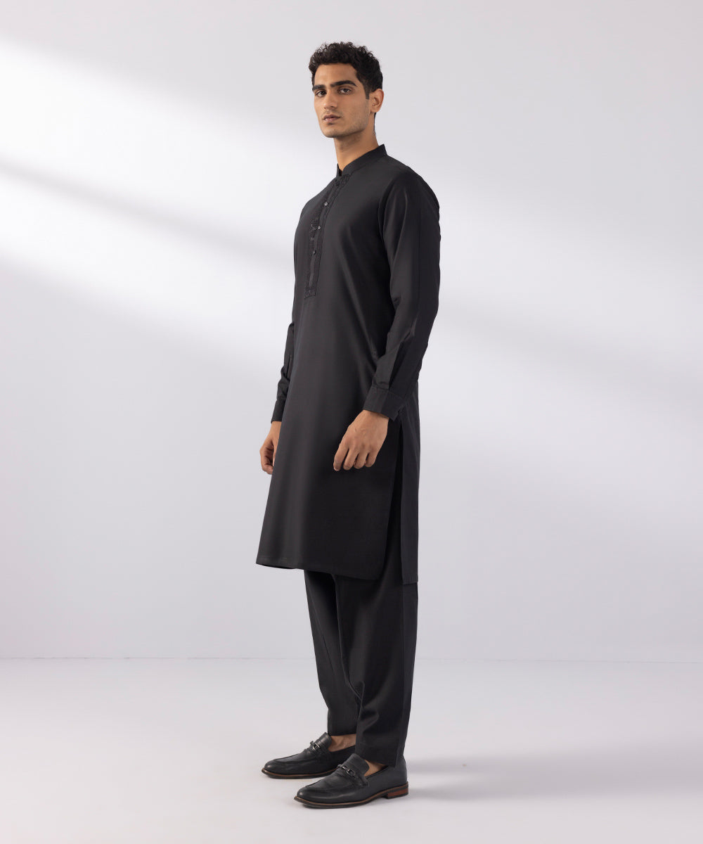 Men's Stitched Cotton Dobby Embroidered Black Straight Hem Kurta Shalwar