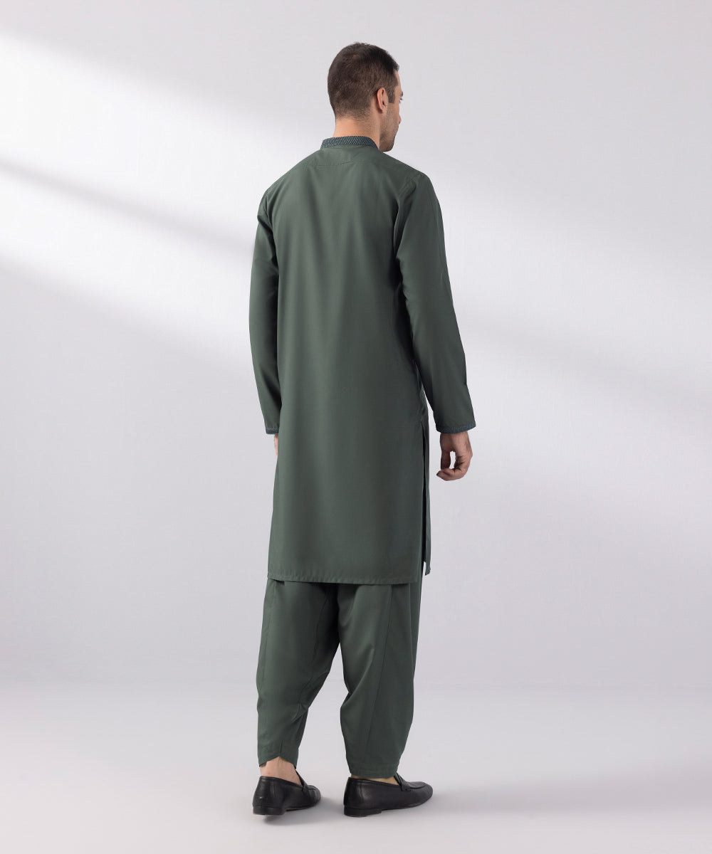 Men's Stitched Wash & Wear Embroidered Pine Green Straight Hem Kurta Shalwar