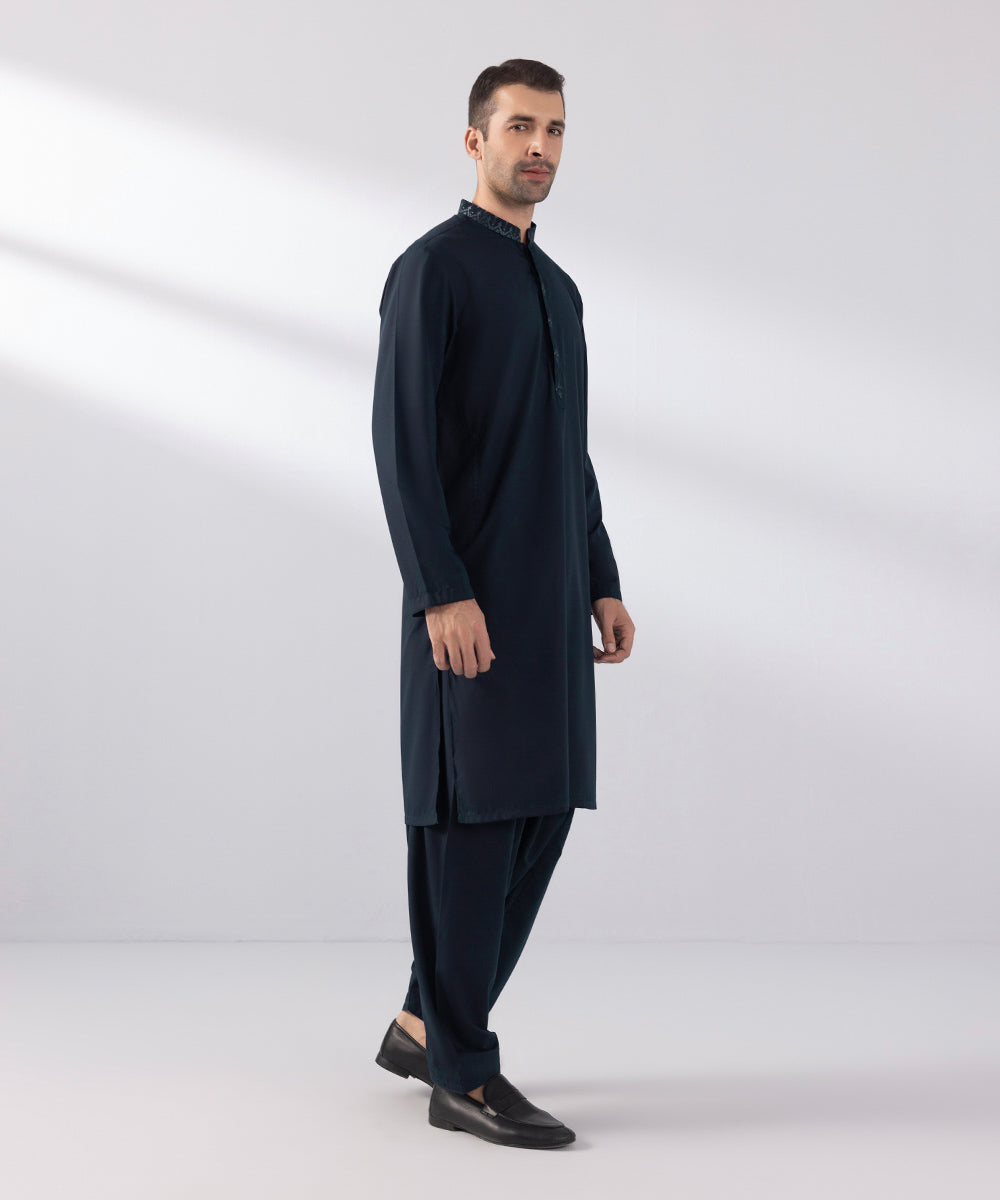 Men's Stitched Wash & Wear Embroidered Grey Straight Hem Kurta Shalwar