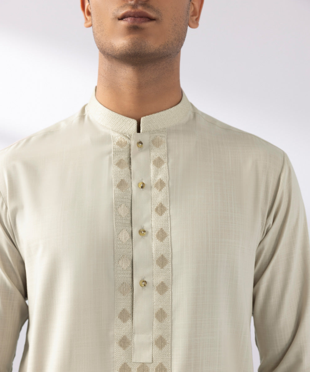 Men's Stitched Wash & Wear Embroidered Beige Round Hem Kurta Shalwar