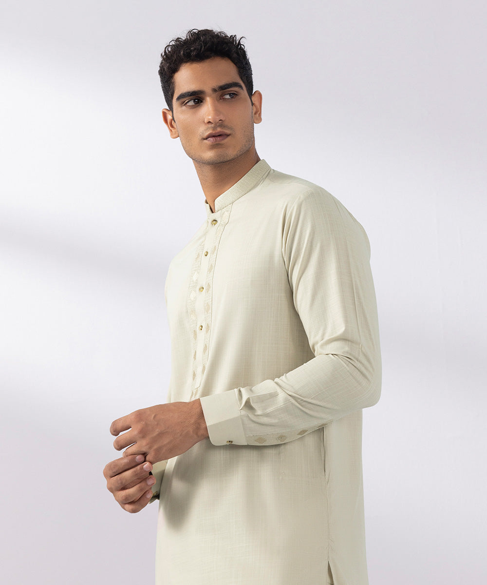 Men's Stitched Wash & Wear Embroidered Beige Round Hem Kurta Shalwar