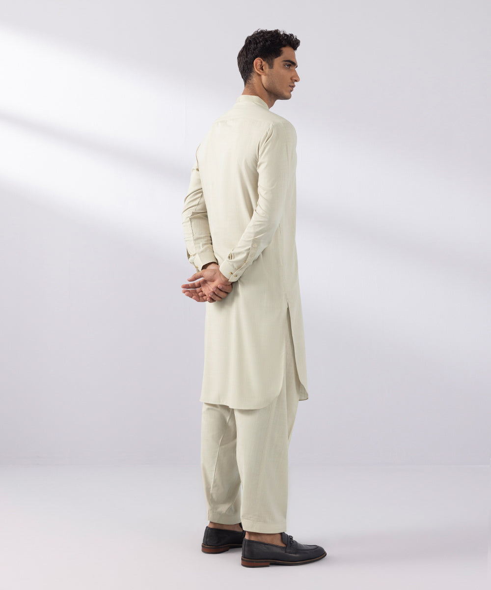 Men's Stitched Wash & Wear Embroidered Beige Round Hem Kurta Shalwar