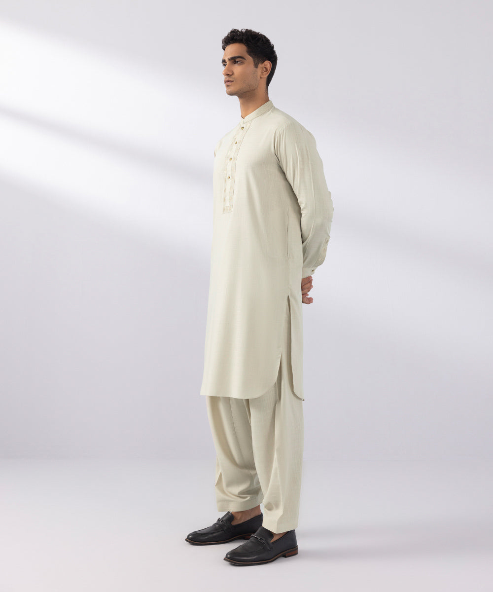 Men's Stitched Wash & Wear Embroidered Beige Round Hem Kurta Shalwar