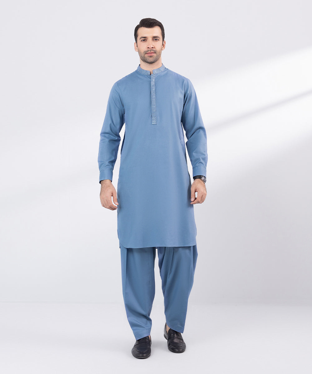 Men's Stitched Blue Embroidered Cotton Suit