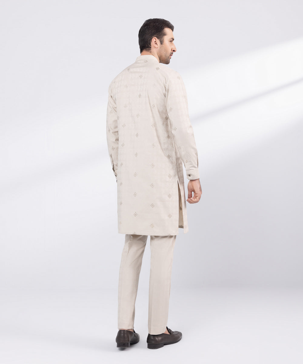 Men's Stitched Beige Embroidered Cotton Jacquard Suit