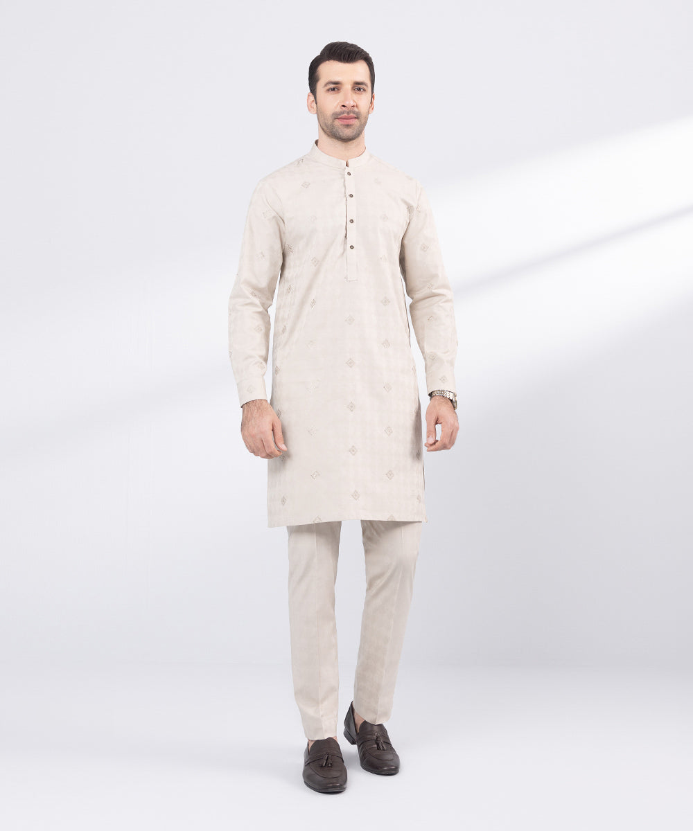 Men's Stitched Beige Embroidered Cotton Jacquard Suit