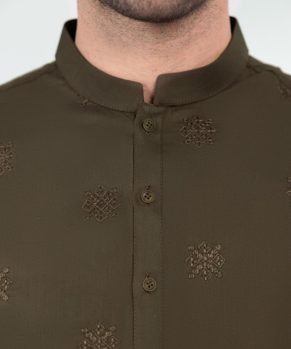 Men's Stitched Brown Embroidered Cotton Suit