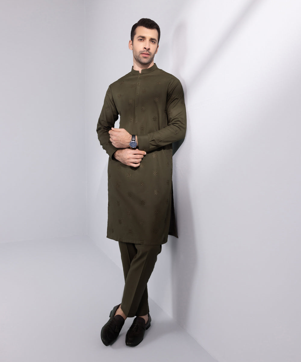 Men's Stitched Brown Embroidered Cotton Suit