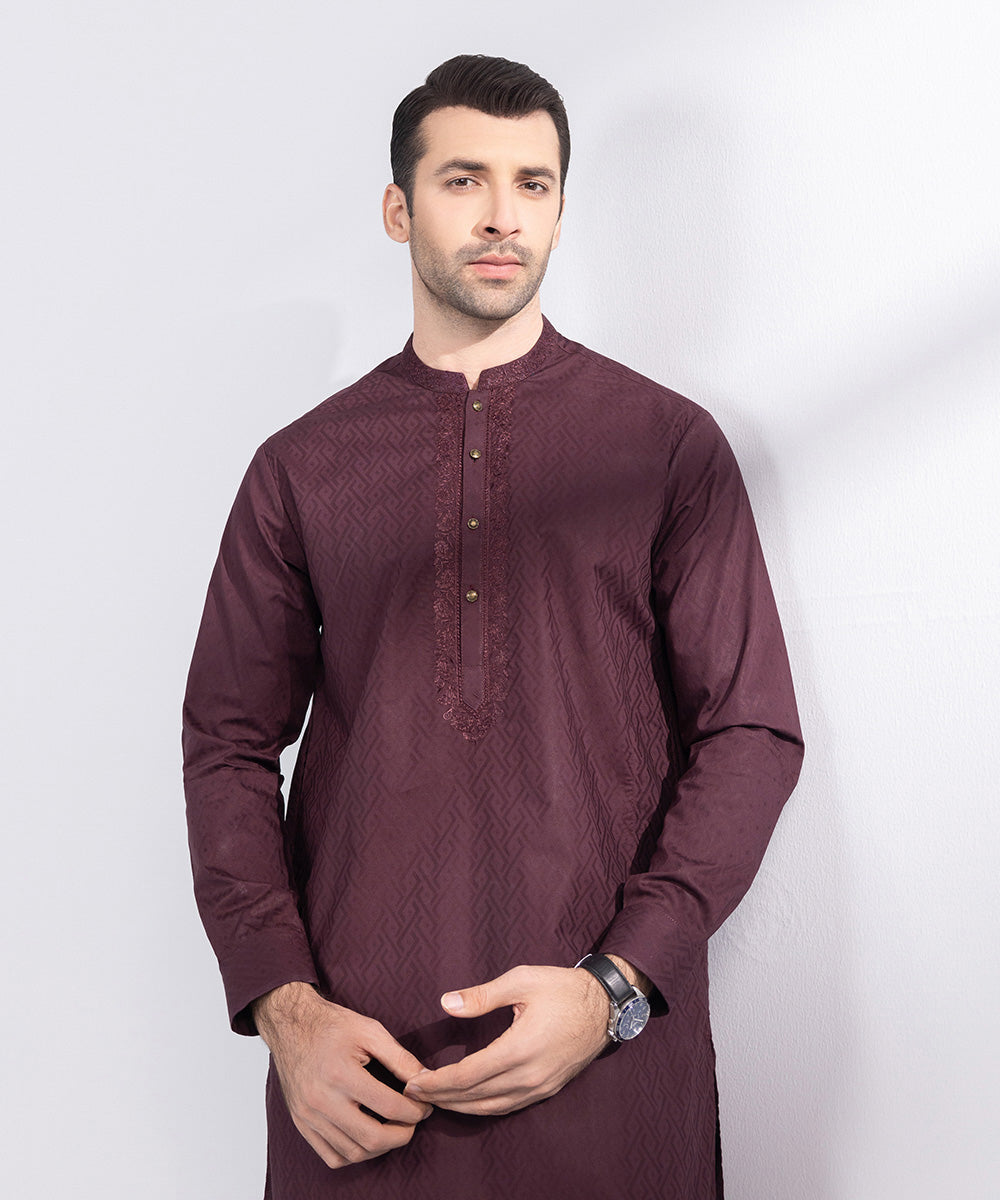 Men's Stitched Red Embroidered Cotton Jacquard Suit