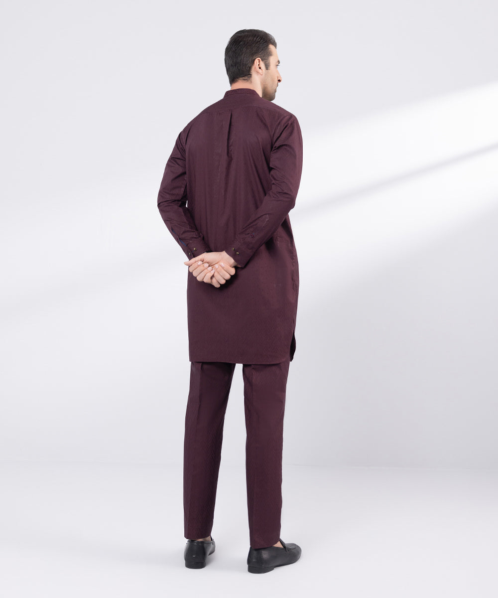 Men's Stitched Red Embroidered Cotton Jacquard Suit