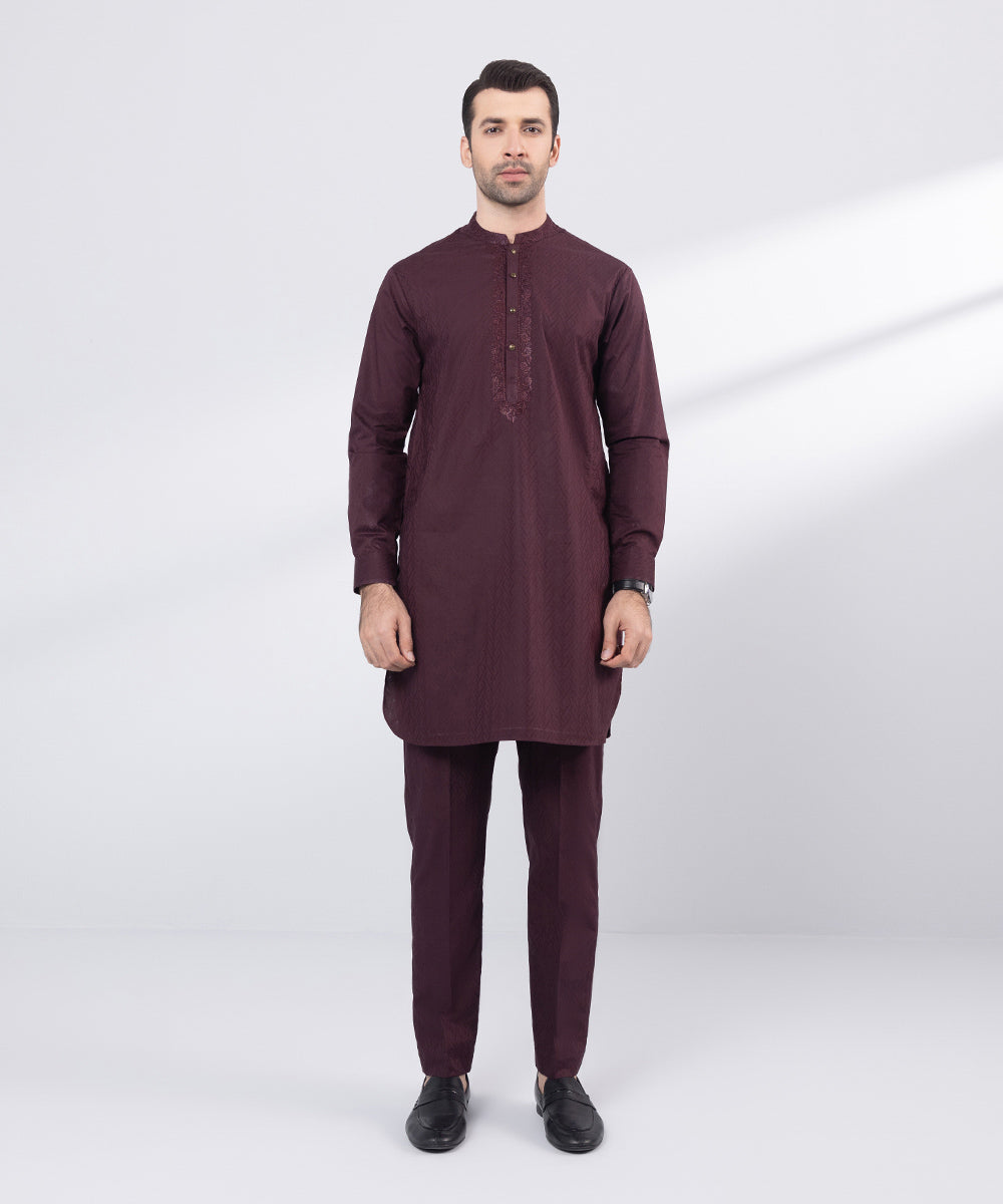 Men's Stitched Red Embroidered Cotton Jacquard Suit