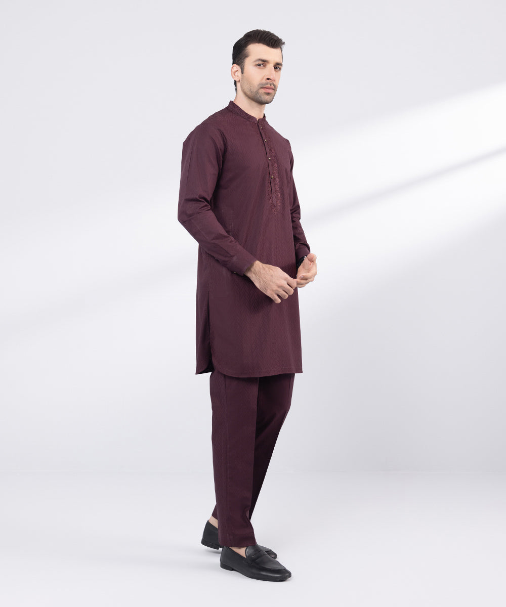 Men's Stitched Red Embroidered Cotton Jacquard Suit