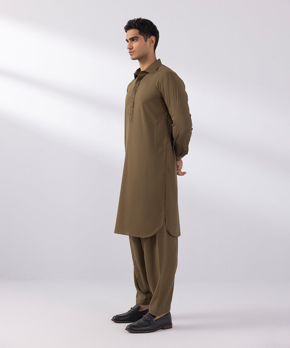 Men's Stitched Wash & Wear Embroidered Black Straight Hem Kurta Shalwar