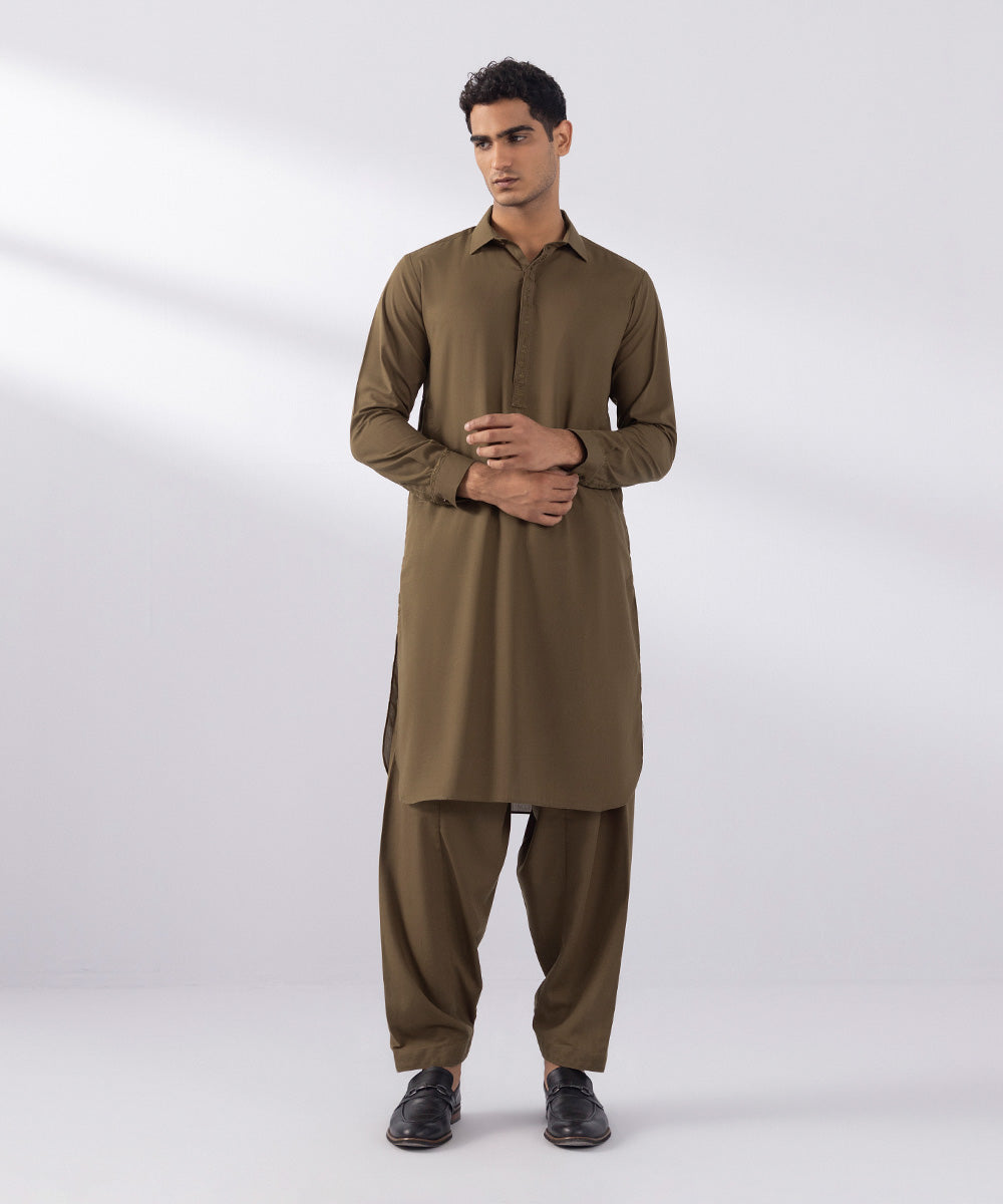 Men's Stitched Wash & Wear Embroidered Black Straight Hem Kurta Shalwar