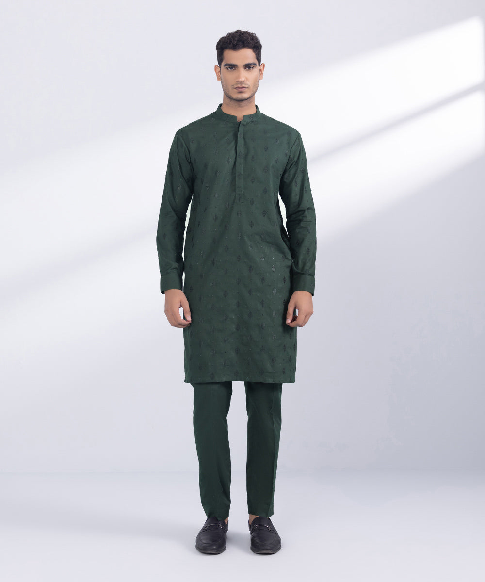 Men's Stitched Dark Green Cotton Suit