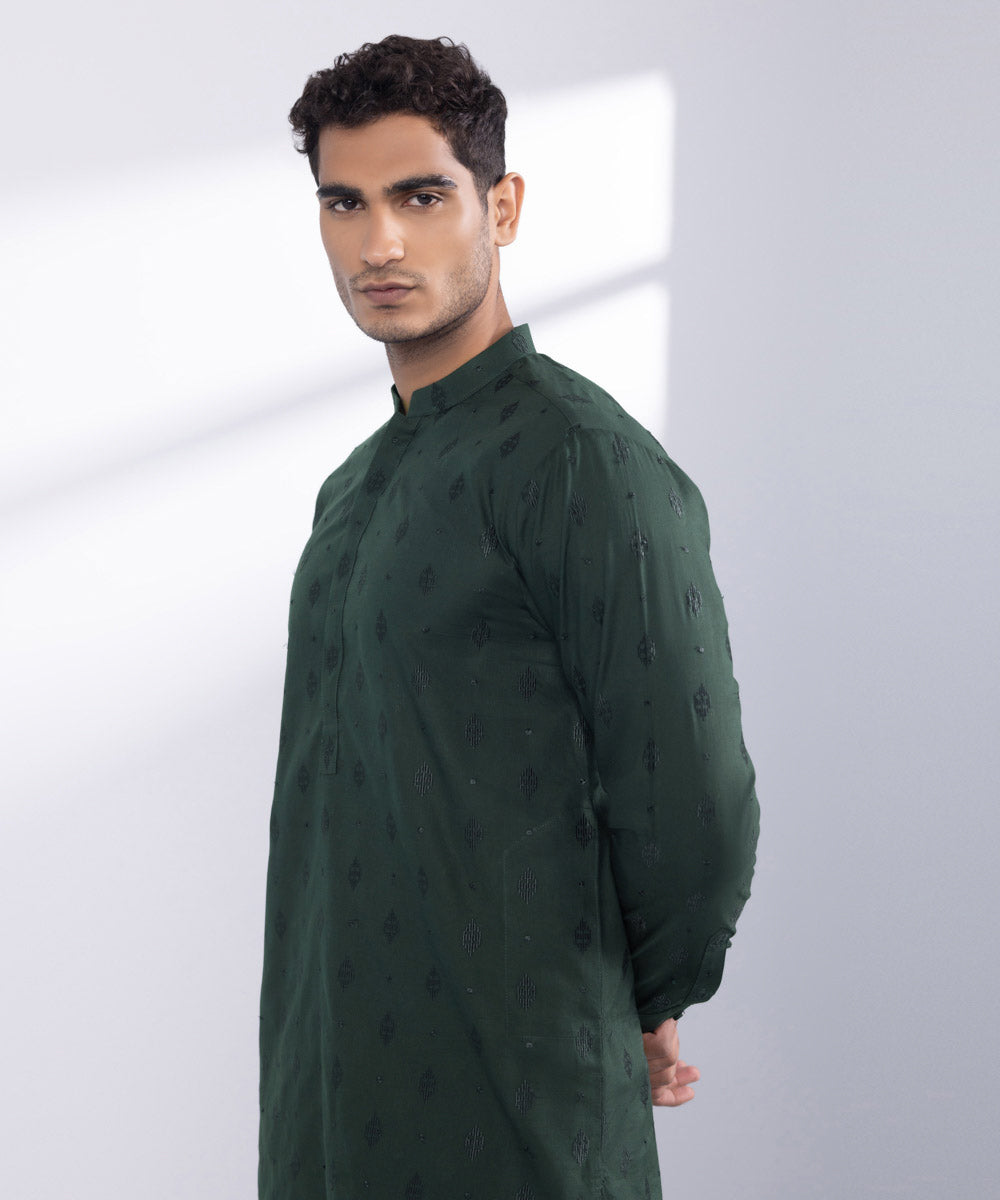 Men's Stitched Dark Green Cotton Suit