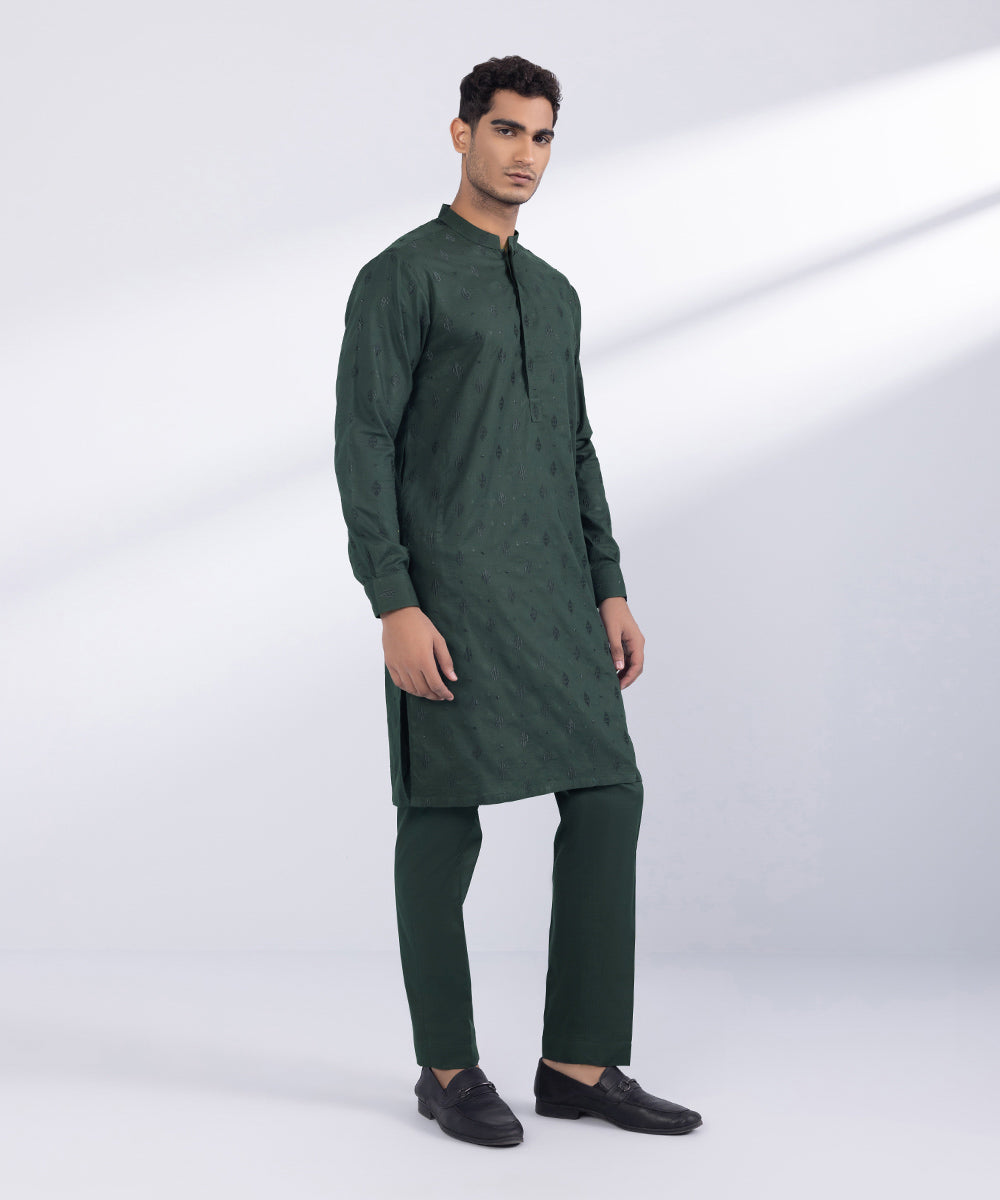 Men's Stitched Dark Green Cotton Suit