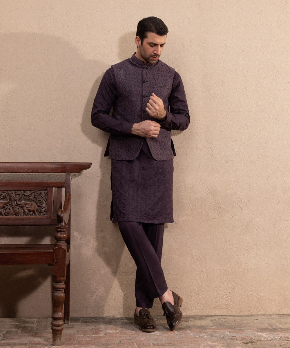 Men's Stitched Deep Purple  Cotton Suit 