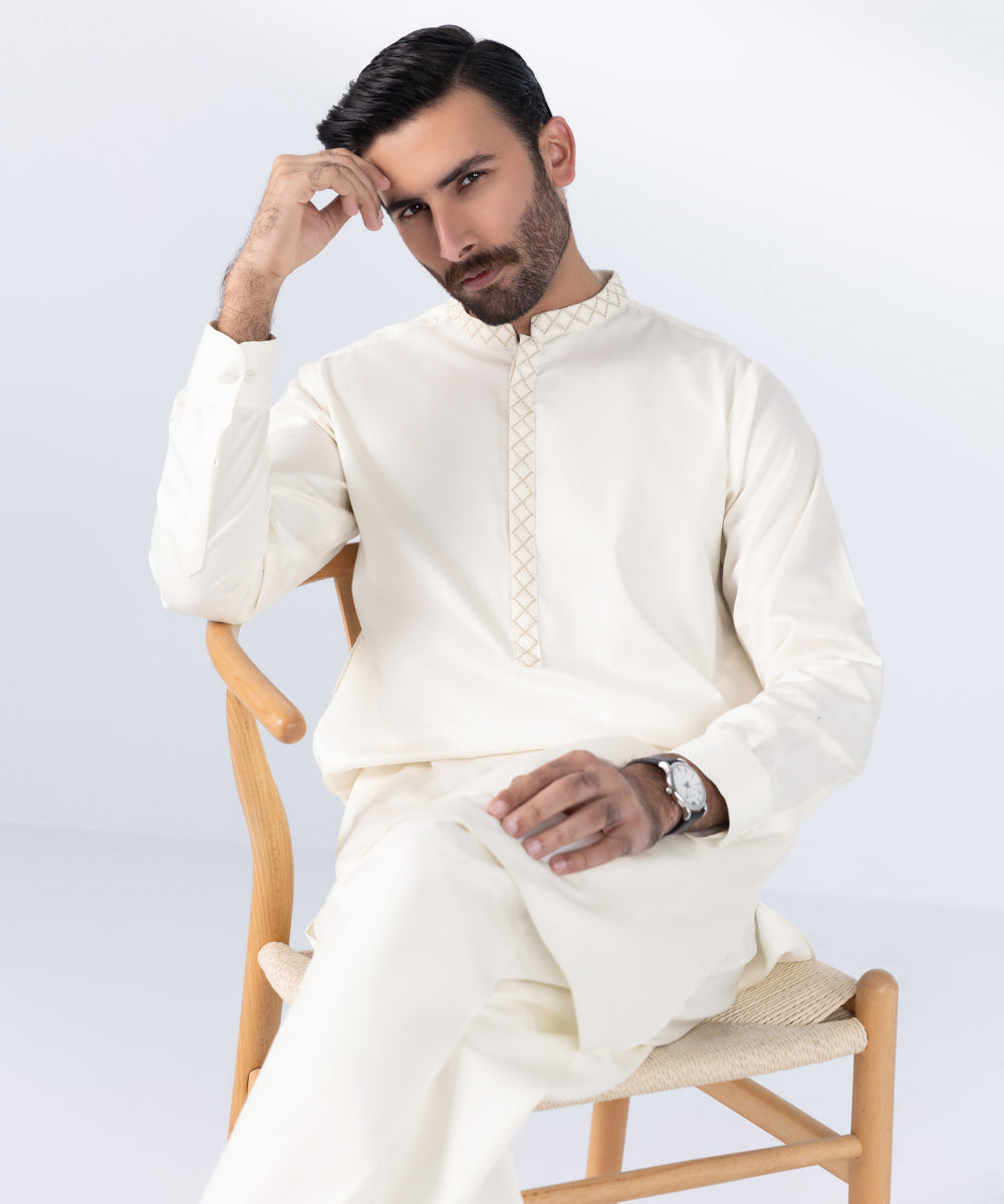 Men's Stitched Embroidered Cream Cotton Dobby Kurta Shalwar