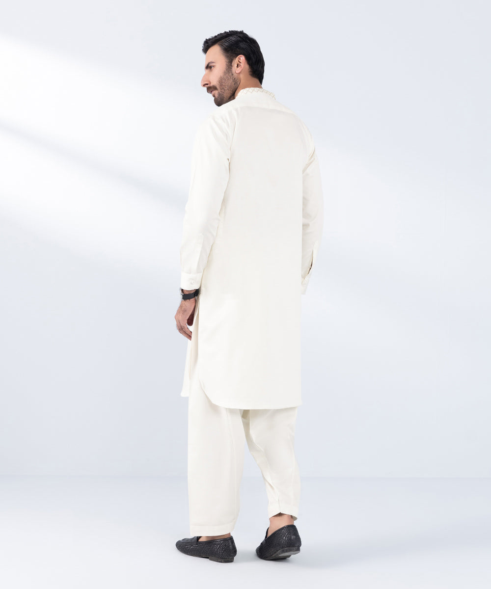 Men's Stitched Embroidered Cream Cotton Dobby Kurta Shalwar