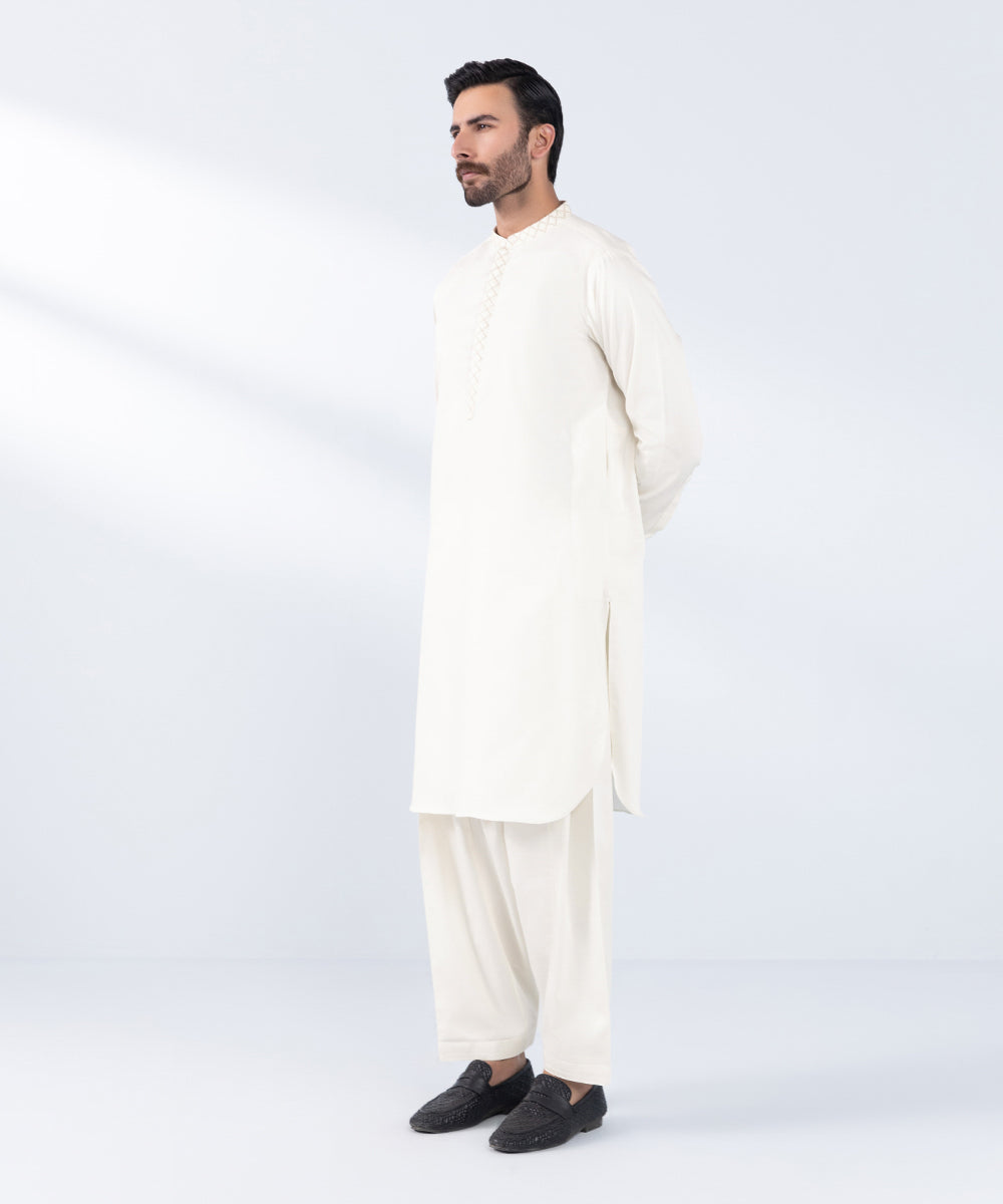 Men's Stitched Embroidered Cream Cotton Dobby Kurta Shalwar