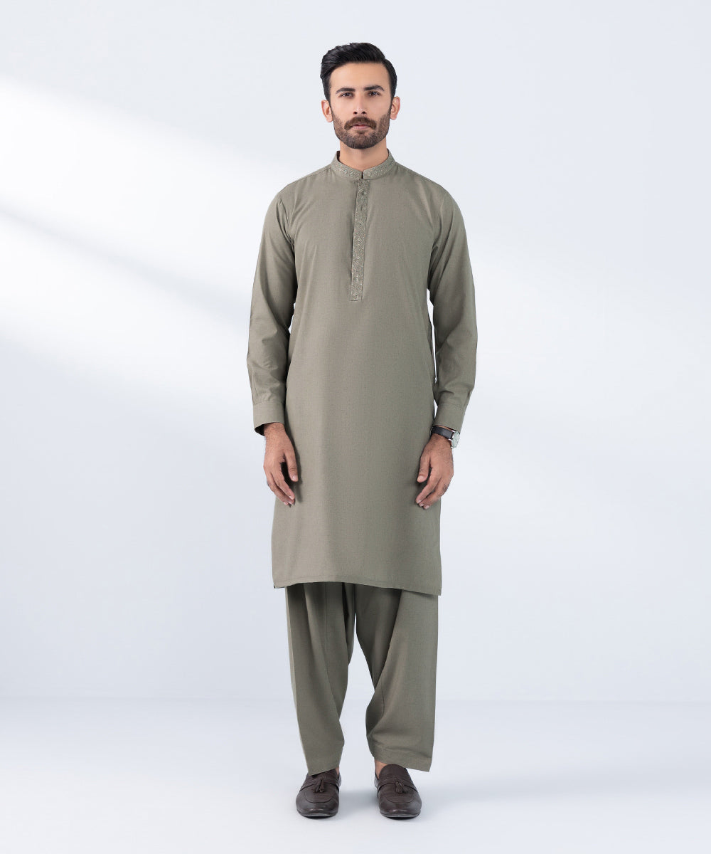 Men's Stitched Embroidered Coffee Wash & Wear Kurta Shalwar