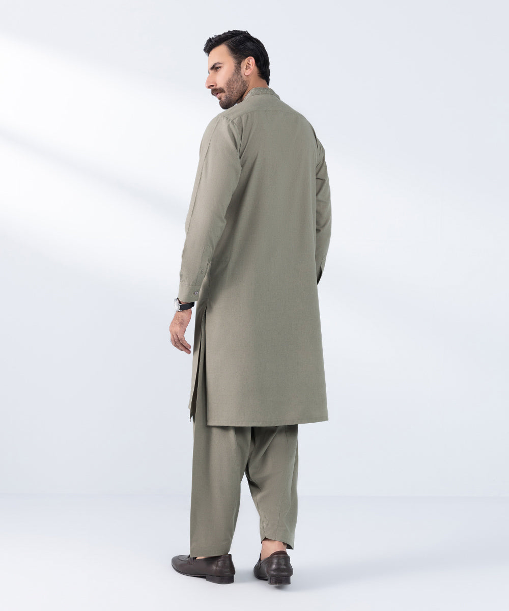 Men's Stitched Embroidered Coffee Wash & Wear Kurta Shalwar