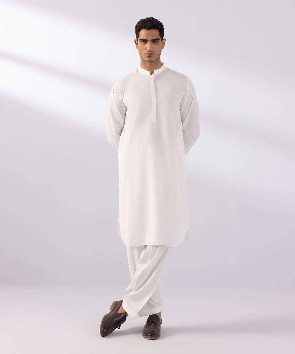 Men's Stitched Wash & Wear Embroidered White Round Hem Kurta Shalwar