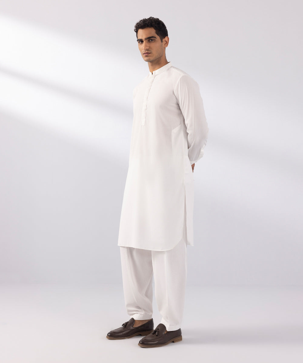 Men's Stitched Wash & Wear Embroidered White Round Hem Kurta Shalwar