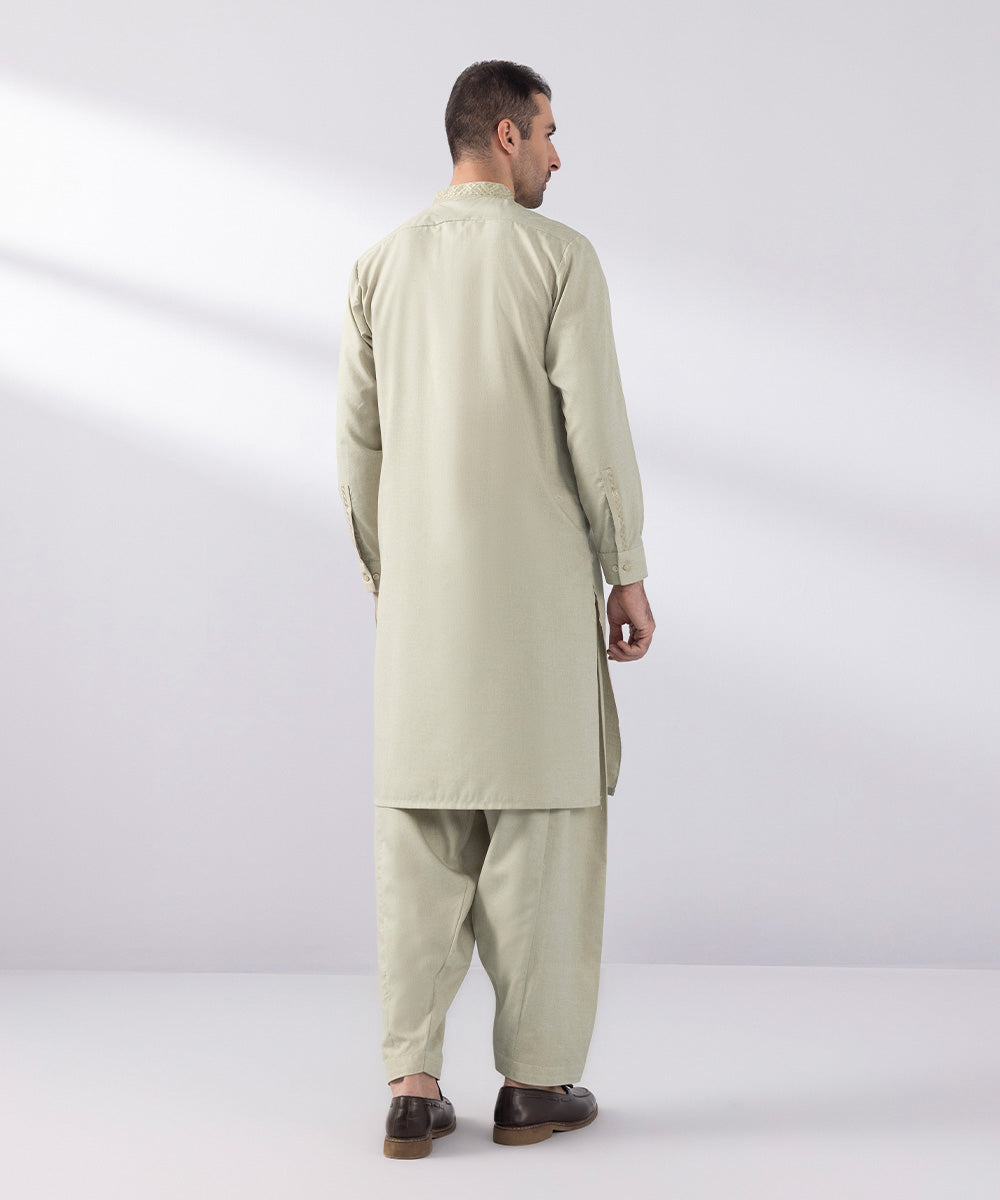 Men's Stitched Fancy Wash & Wear Embroidered Coffee Cream Straight Hem Kurta Shalwar