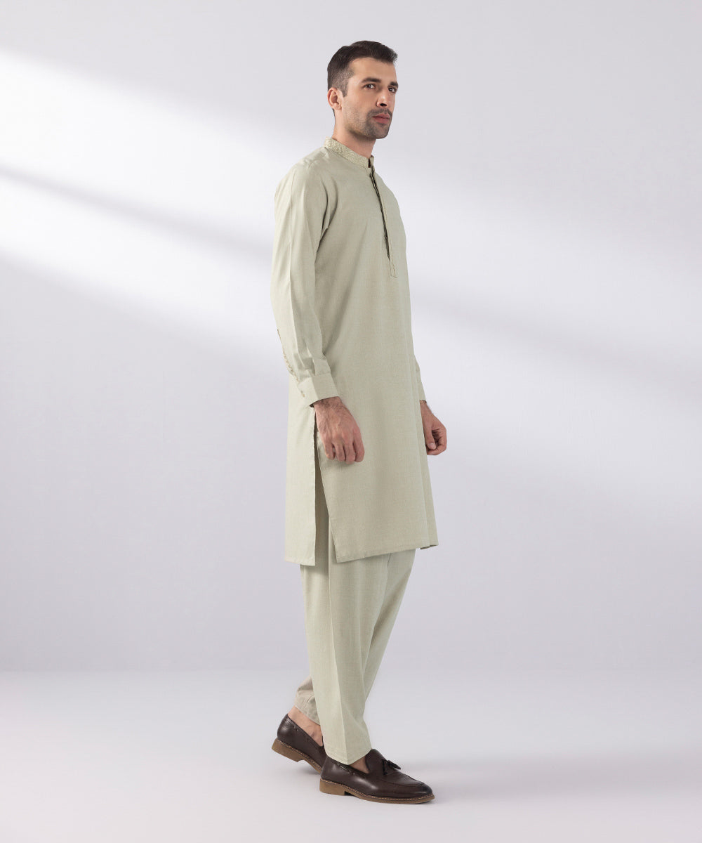 Men's Stitched Fancy Wash & Wear Embroidered Coffee Cream Straight Hem Kurta Shalwar