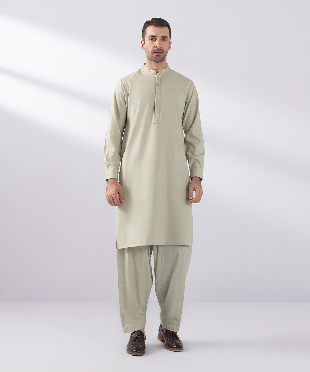 Men's Stitched Fancy Wash & Wear Embroidered Coffee Cream Straight Hem Kurta Shalwar