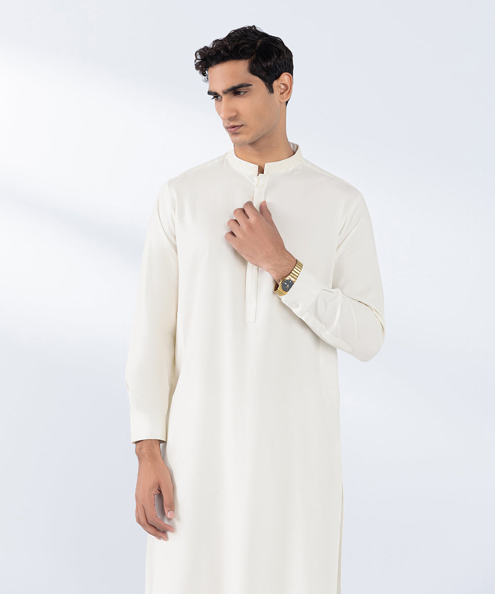 Men's Stitched Embroidered Cream Wash & Wear Kurta Shalwar