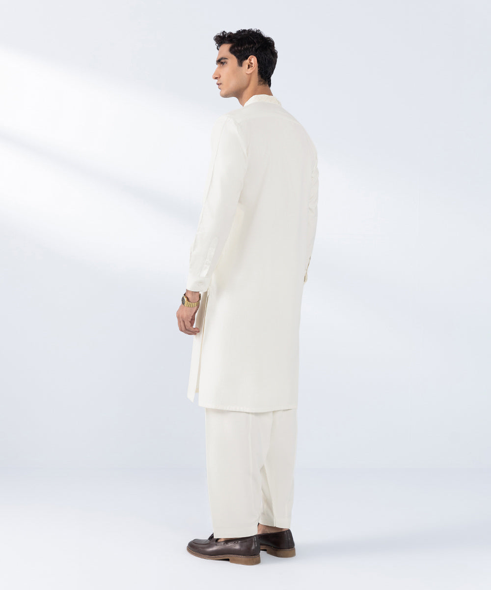 Men's Stitched Embroidered Cream Wash & Wear Kurta Shalwar