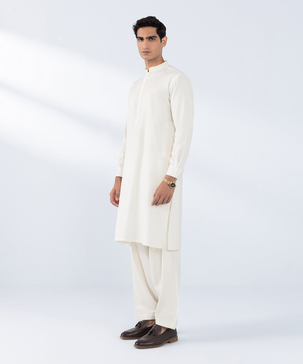 Men's Stitched Embroidered Cream Wash & Wear Kurta Shalwar