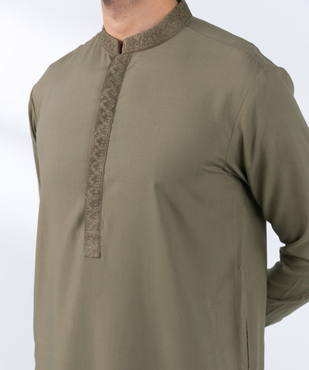 Men's Stitched Embroidered Khaki Wash & Wear Kurta Shalwar