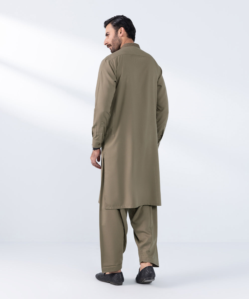 Men's Stitched Embroidered Khaki Wash & Wear Kurta Shalwar