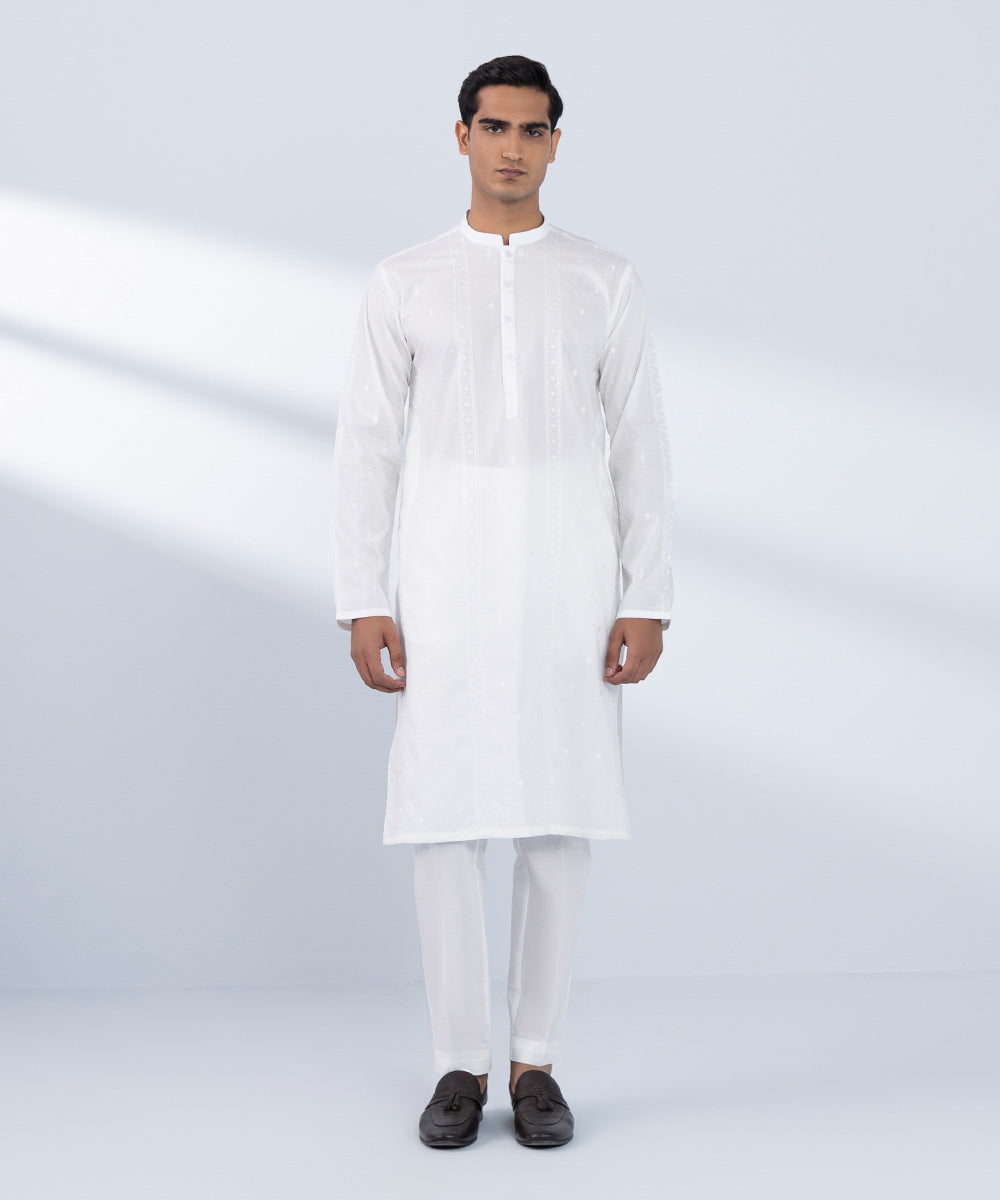 Men's Stitched Embroidered White 2 PC Suit 