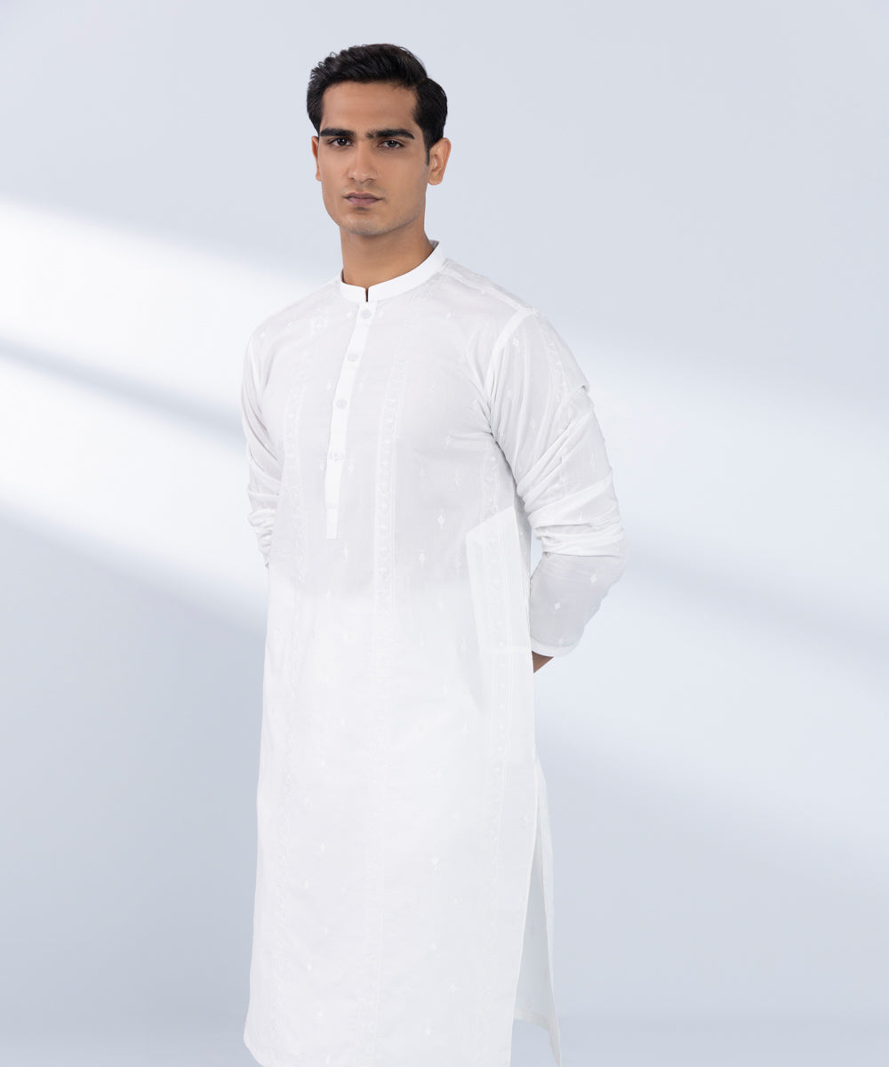 Men's Stitched Embroidered White 2 PC Suit 
