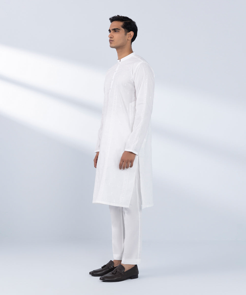 Men's Stitched Embroidered White 2 PC Suit 