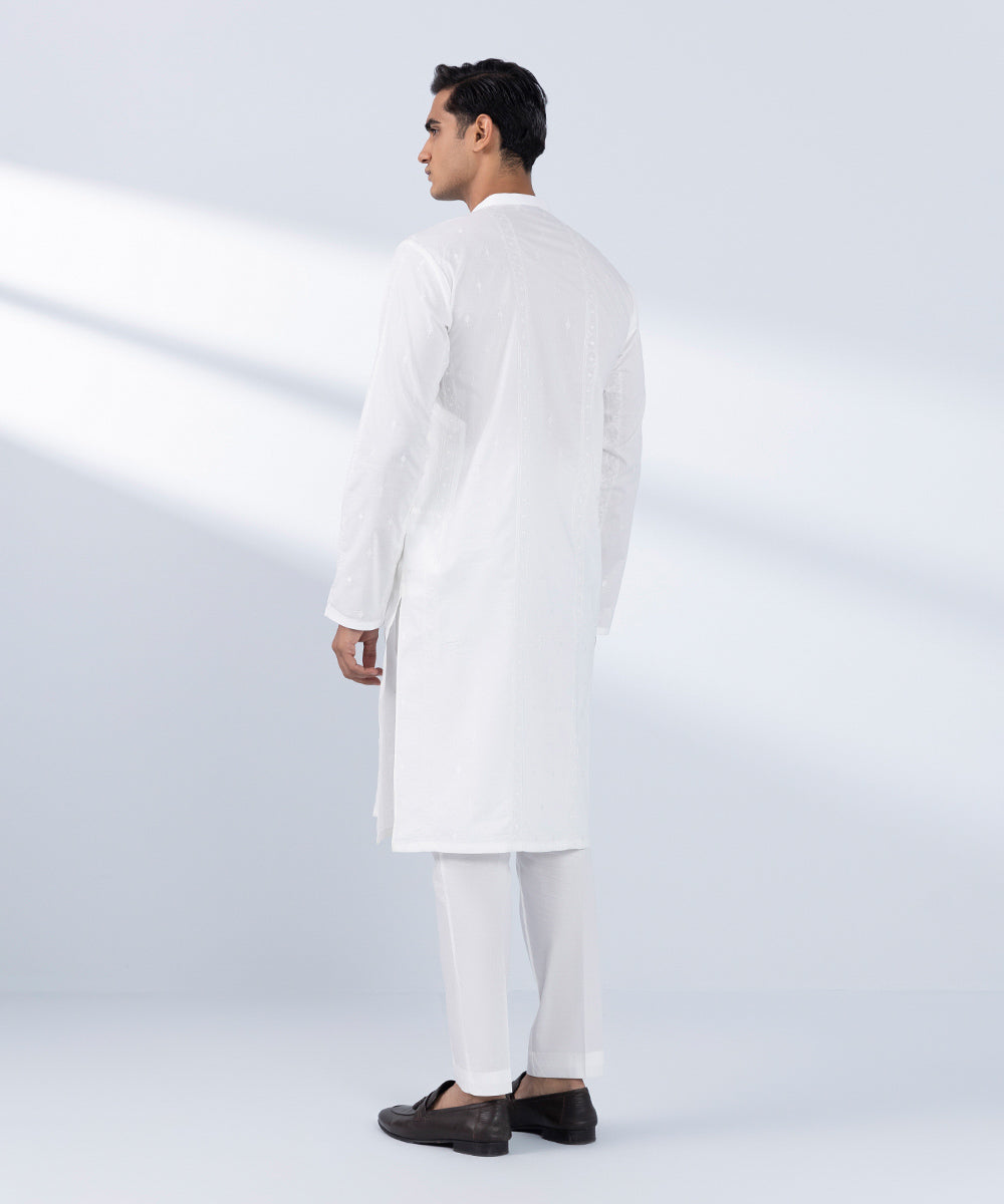 Men's Stitched Embroidered White 2 PC Suit 