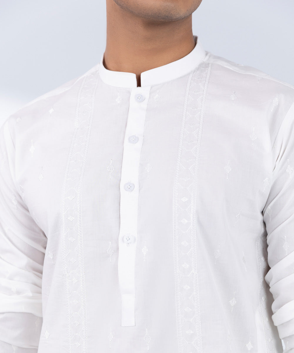 Men's Stitched Embroidered White 2 PC Suit 