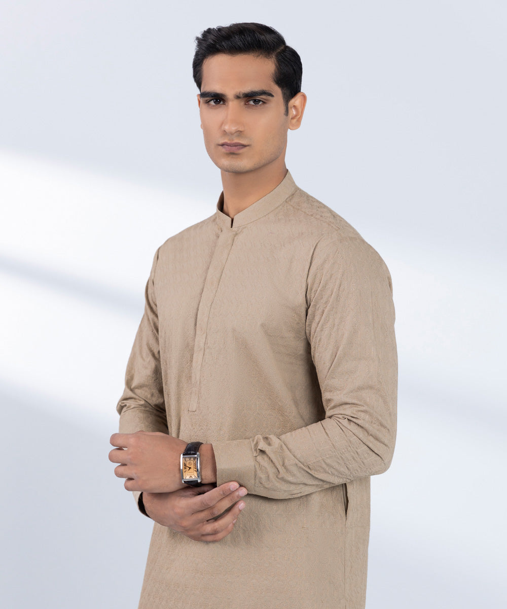 Men's Stitched Embroidered Beige 2 PC Suit 